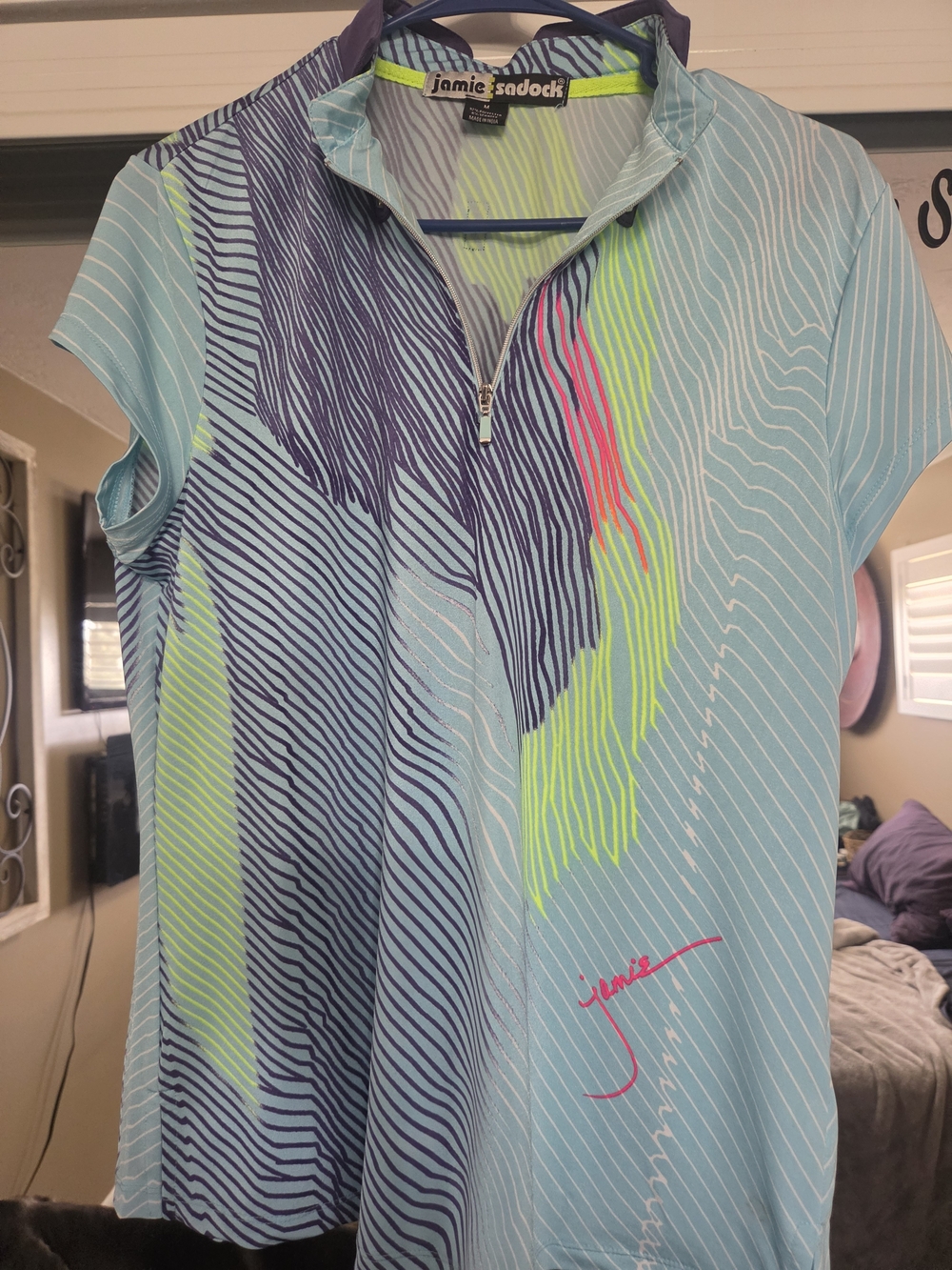 Jamie Sadock Light Blue Short Sleeve Golf Polo with Neon Yellow & Pink Accents
